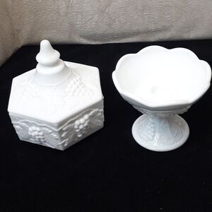 Indiana Colony Harvest Grapes milk glass candle holder and candy dish with lid
